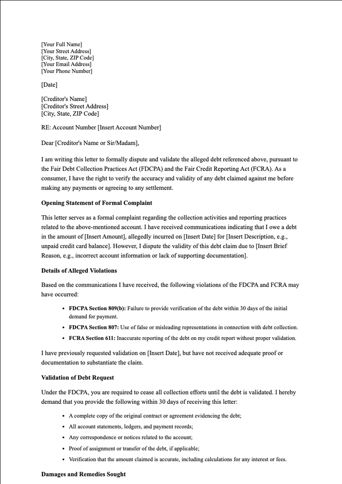 Formal debt validation complaint letter citing FDCPA FCRA violations_variant_1